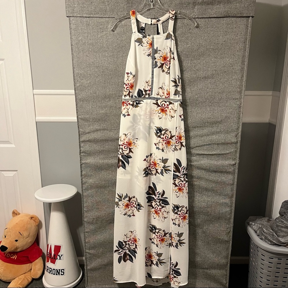 White floral maxi engagement shoot dress